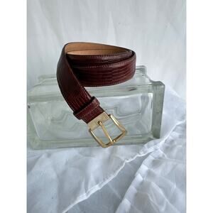 Saks Fifth Ave Mens 38 Brown Dress Belt Genuine LIZARD Leather gold buckle